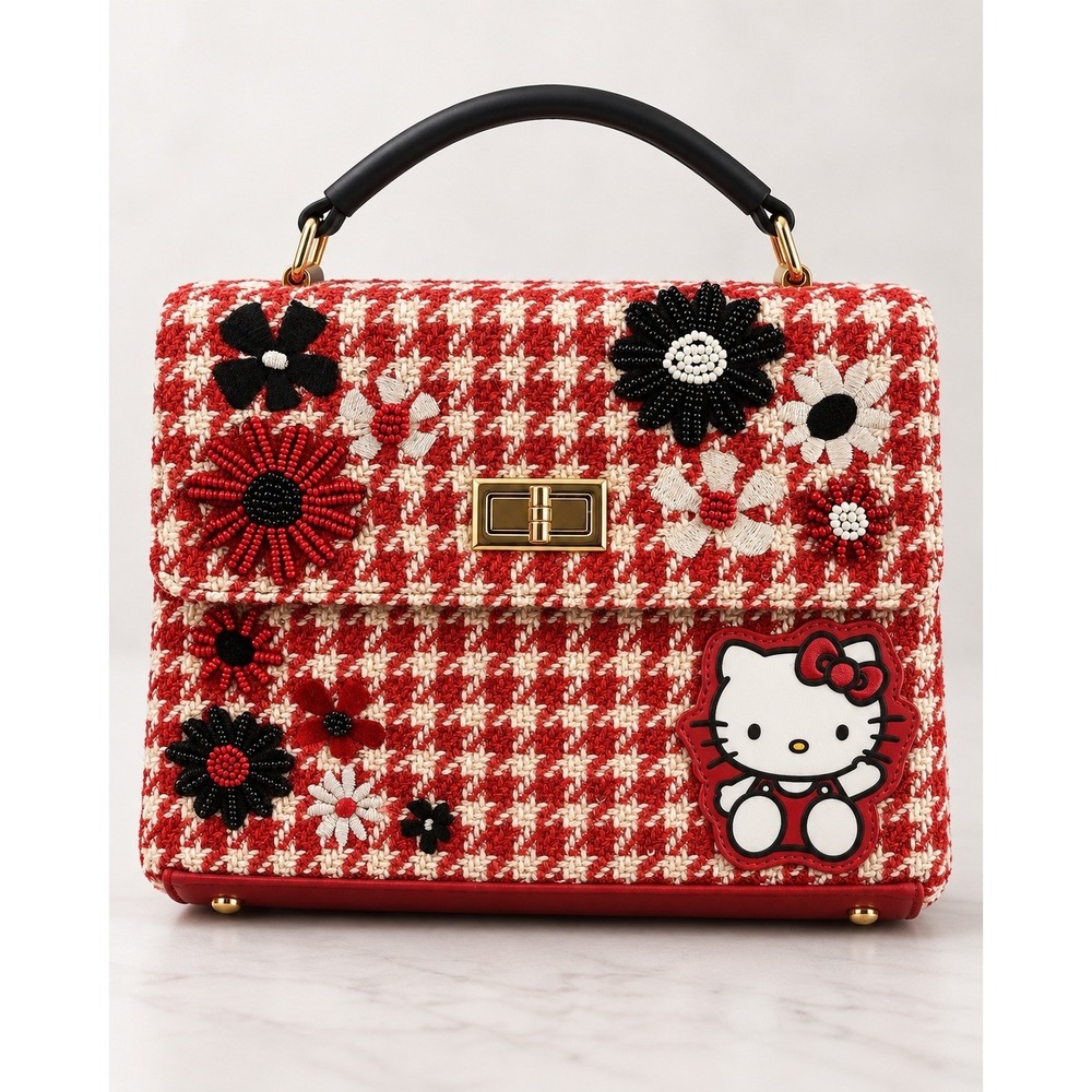 BoxLunch Hello Kitty Red Houndstooth Tweed Satchel Bag Beaded Floral Applique